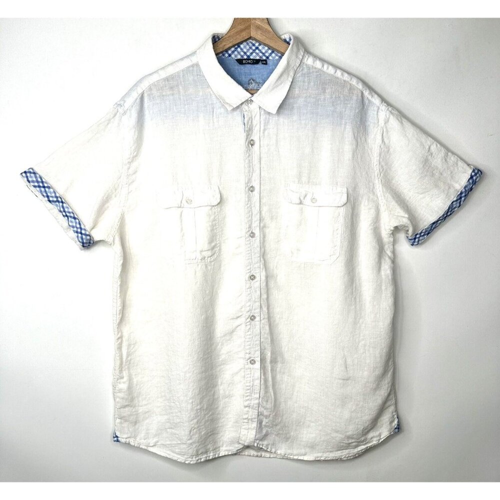 Bohio Mens Shirt Linen Beach Camp Button Up Short Sleeve Casual White Size 2XL